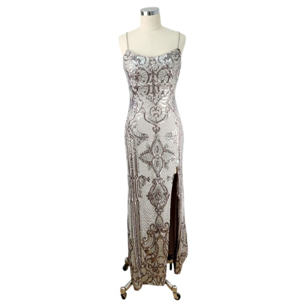 NWT Betsy & Adam Gray Silver Sequin High Slit Strappy Black Tie Evening Gown 8P